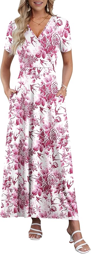 AUSELILY Maxi Dresses for Women Ankle Length Floral Print Beach Long Flowy Dress with Pockets