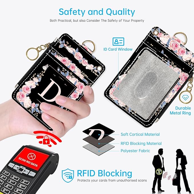 A-Z Letter 2-in-1 ID Badge Holder & Lanyard Wallet for Teachers,Nurse,Professionals-Cute Zippered Coin Pouch,Removable Wristlet & Neck Lanyard,5 Card Slots Stylish Work Essential D