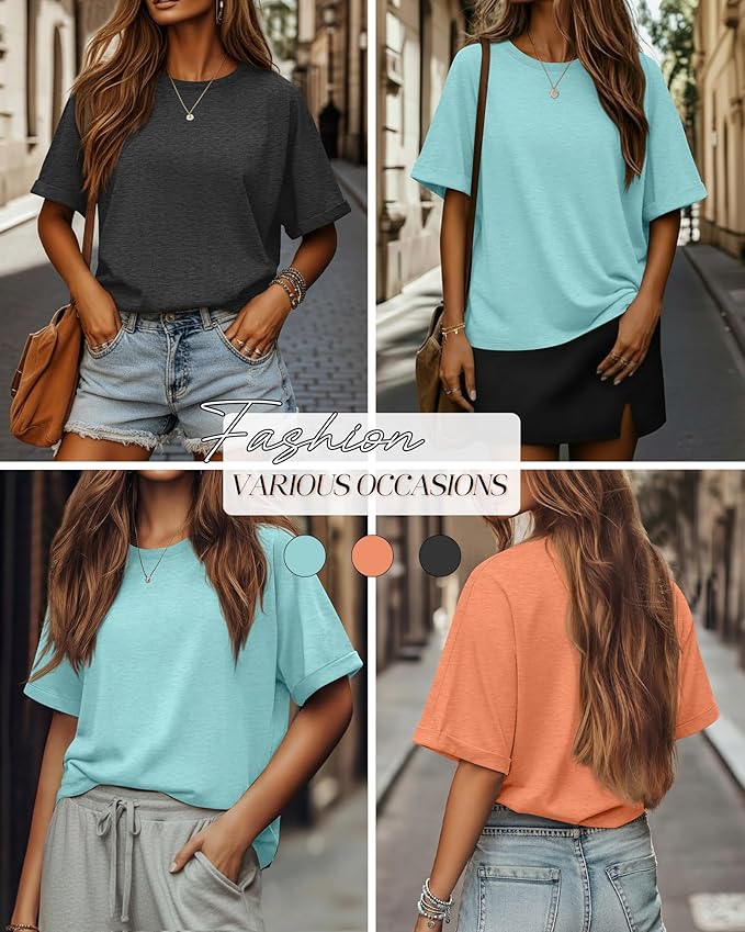 Riyiper 3 Pack Women's Oversized T-Shirt Half Sleeve Summer Tees Casual Loose Fit Crew Neck Basic Tops