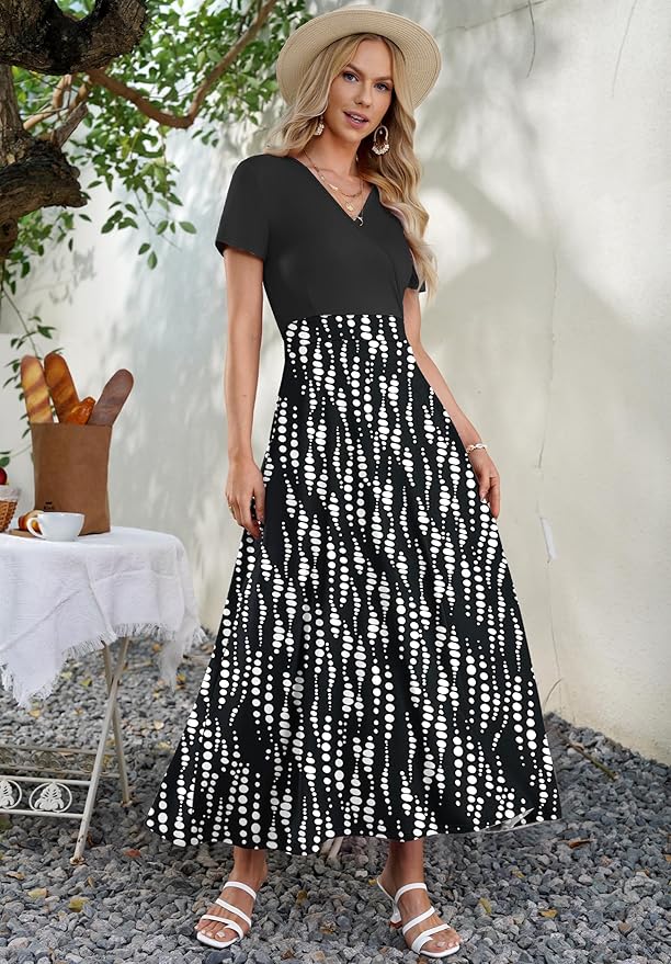 AUSELILY Maxi Dresses for Women Ankle Length Floral Print Beach Long Flowy Dress with Pockets