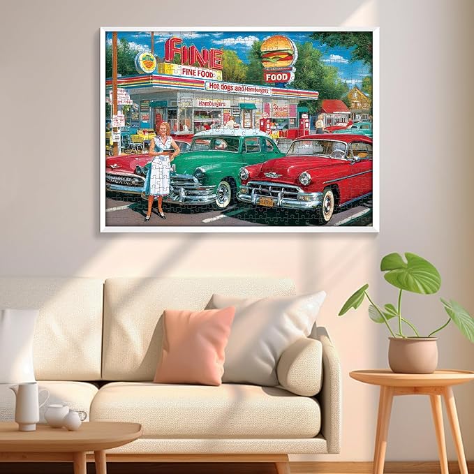 500 Pieces Jigsaw Puzzles, Retro Style 500 Piece Puzzles for Adults, Car and Food Station Jigsaw Puzzles, Interlock Perfectly Letter on Back, Home Decor Birthday Party Gift Toy Age 12+, 20.5 x 15 in