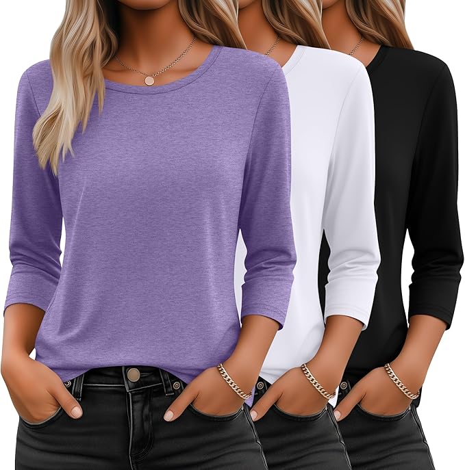 Ficerd 3 Pack 3/4 Sleeve Tops for Women Round Neck Dressy Basics Tees Casual Trendy Loose Fit T Shirts