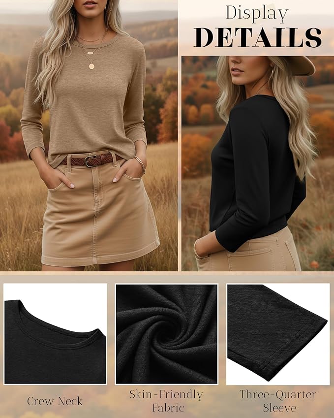 Ficerd 3 Pack 3/4 Sleeve Tops for Women Round Neck Dressy Basics Tees Casual Trendy Loose Fit T Shirts