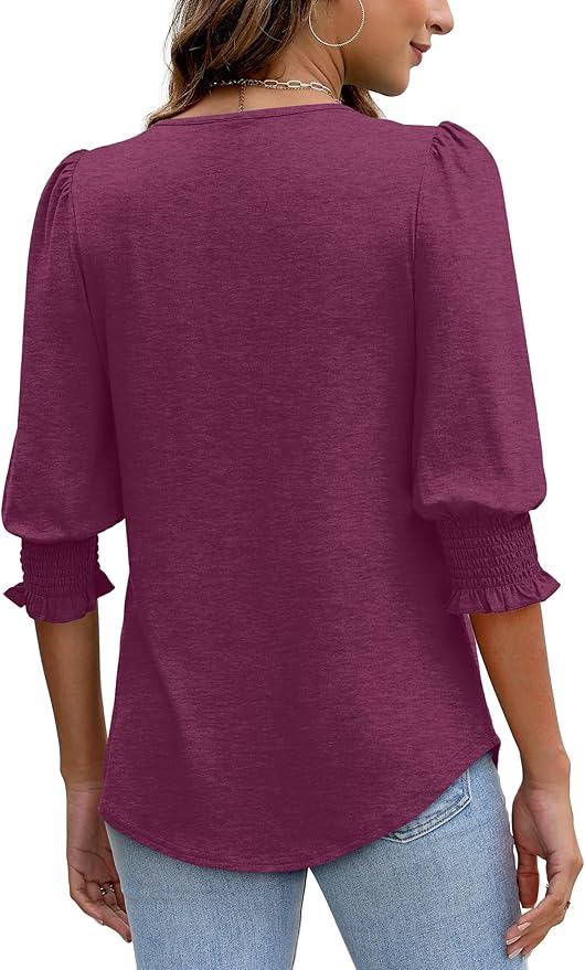 XIEERDUO Blouses for Women Dressy Casual 3/4 Length Sleeve Womens Tops with Smocked Cuffs