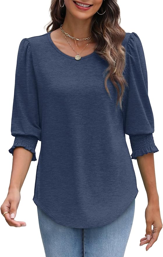 XIEERDUO Blouses for Women Dressy Casual 3/4 Length Sleeve Womens Tops with Smocked Cuffs