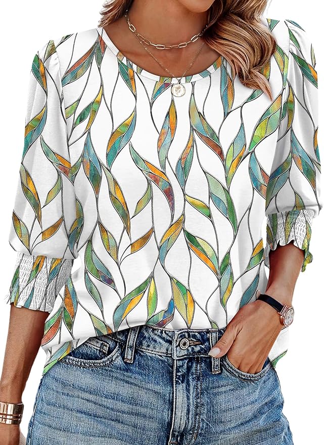 XIEERDUO Blouses for Women Dressy Casual 3/4 Length Sleeve Womens Tops with Smocked Cuffs