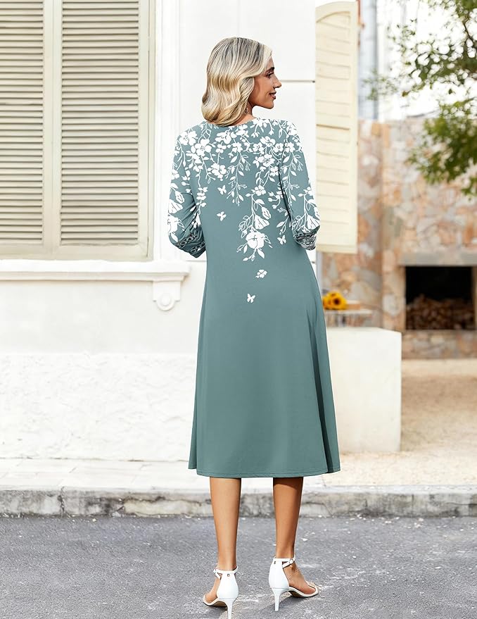 Zeagoo Women's Dresses 3/4 Sleeve Summer Casual V-Neck A Line Flowy Eyelet Midi Dress for Women Beach Vacation Sundress