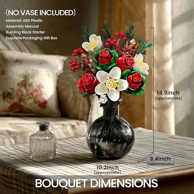 iATOM Valentines Flower Bouquet Building Set, Artificial Roses Botanical Collection for Adults, Gift for Valentine's Day for Her/Mom/Girlfriend/Wife/Couple, Modern Home Office Table Centerpiece Decor