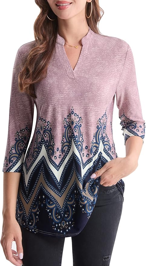 BAISHENGGT 3/4 Sleeve Tops for Women Notch V Neck Floral Work Blouses Dressy Casual Loose Fit Going Out Tunic Tops