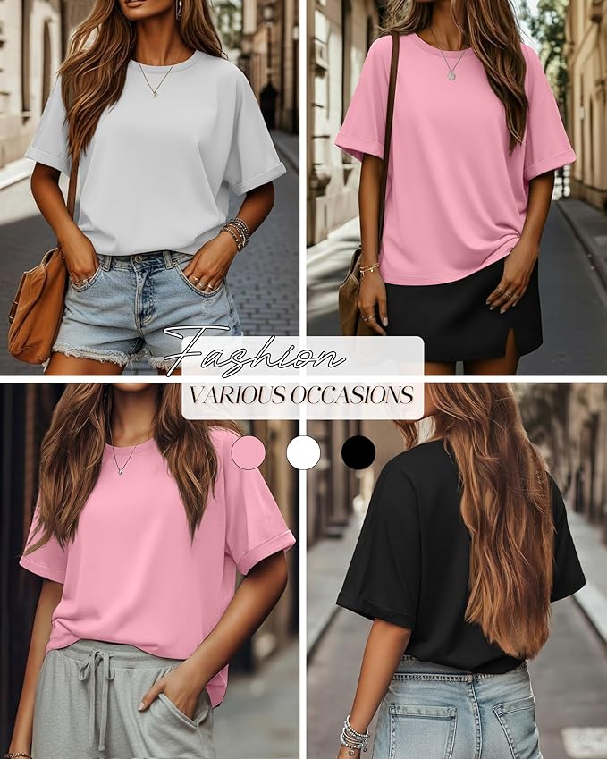 Riyiper 3 Pack Women's Oversized T-Shirt Half Sleeve Summer Tees Casual Loose Fit Crew Neck Basic Tops