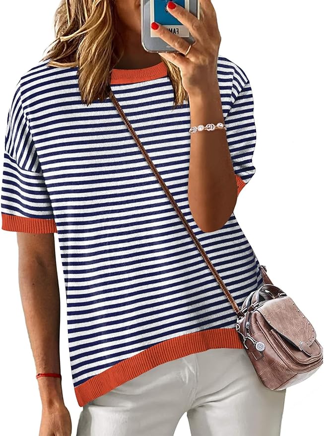 Zeagoo Womens Summer Short Sleeve Tops Crew Neck Lightweight Pullover Sweaters Loose Dressy Casual Blouse Basic Clothes