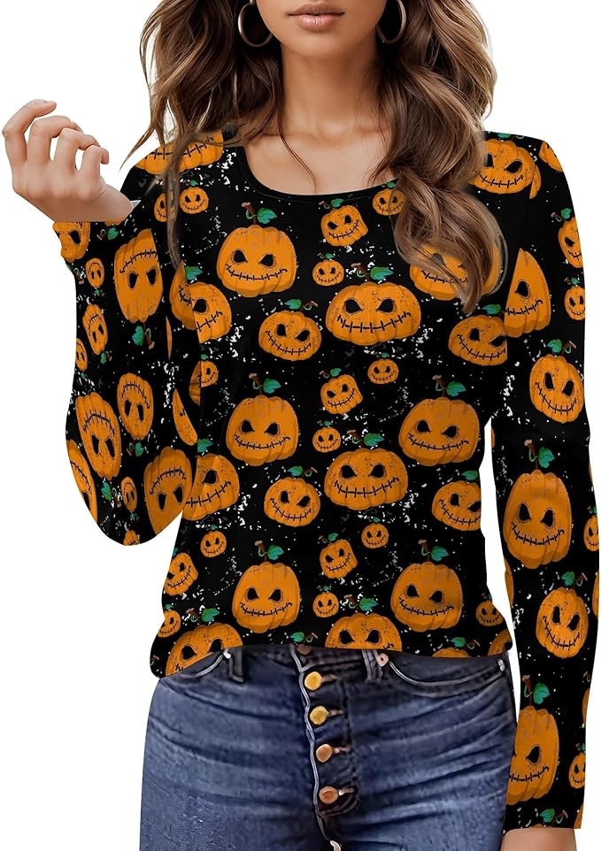 domirica Halloween Sweatshirts For Women Cute Pullover Fall Long Sleeve Pullover U-Neck Halloween Crazy Party Club Clothes