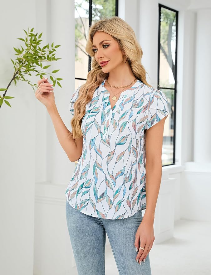 Blooming Jelly Women's Dressy Casual Tops Business Work Blouses White Button Down Shirts Cap Sleeve V Neck Tshirt