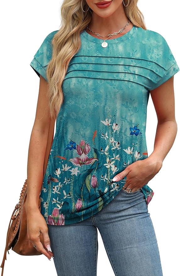 WEESO Womens Summer Tops Trendy 2026 Cap Sleeve T Shirts Crew Neck Pleated Front Beach Vacation Clothes Fashion