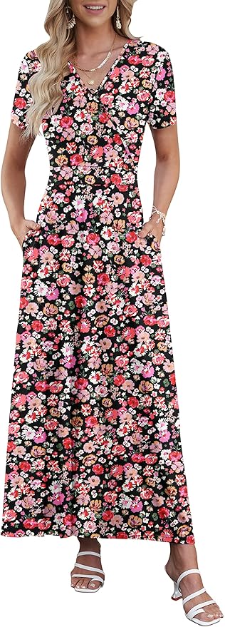 AUSELILY Maxi Dresses for Women Ankle Length Floral Print Beach Long Flowy Dress with Pockets