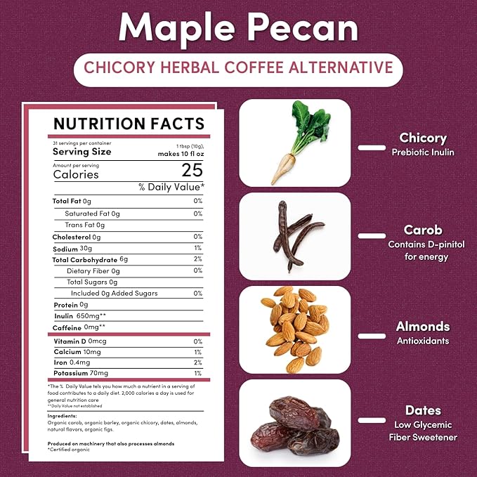 Teeccino Maple Pecan Chicory Coffee Alternative - Ground Herbal Coffee That’s Prebiotic, Caffeine Free & Acid Free, Medium Roast, 11 Ounce