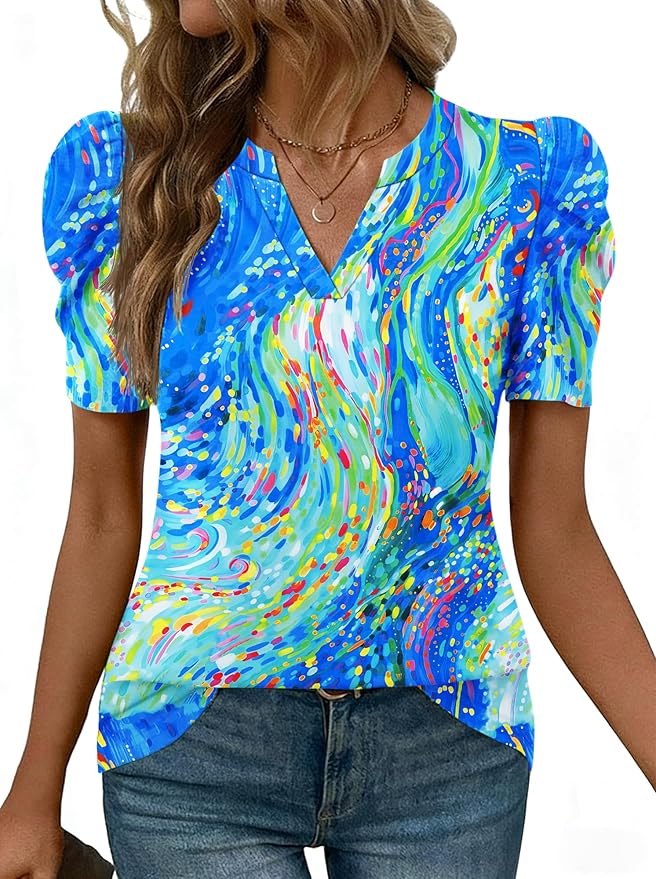 Lomon Spring Summer Tops for Women 2026 V Neck Puff Short Sleeve Tops Fashion Trendy Work Blouses Dressy Casual S-XXL