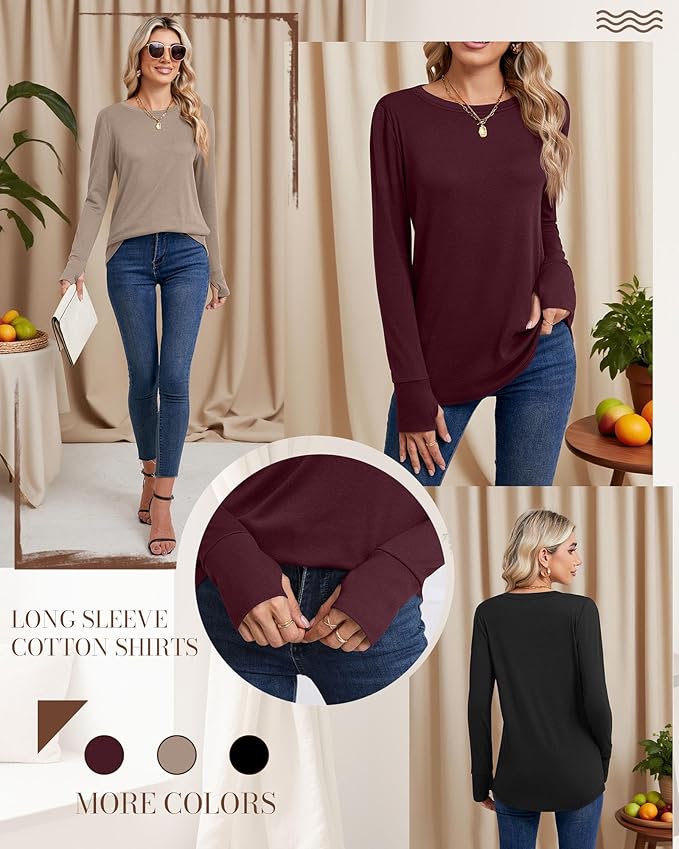 Huukeay 3 Pack Women's Long Sleeve Shirts with Thumb Holes, Cotton Casual Crew Neck Tunic Tops Fall Loose Y2k Trendy Outfits