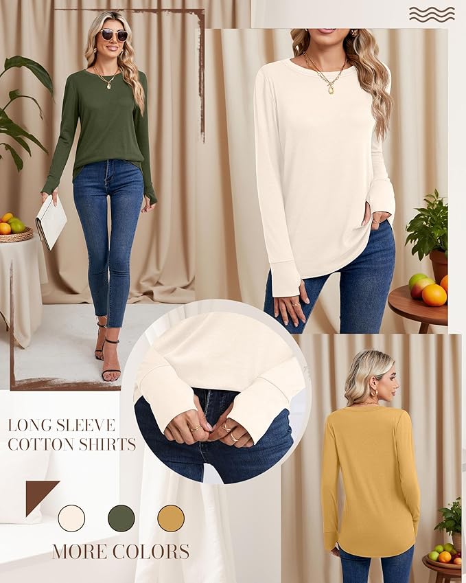 Huukeay 3 Pack Women's Long Sleeve Shirts with Thumb Holes, Cotton Casual Crew Neck Tunic Tops Fall Loose Y2k Trendy Outfits