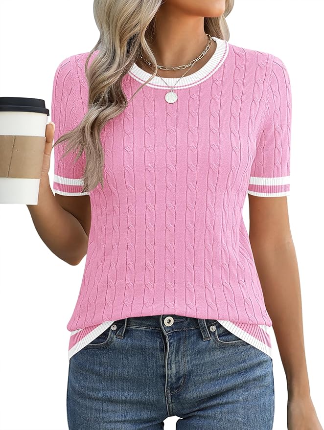 Micoson Womens Short Sleeve Cable Knit Sweater Tops Crewneck Lightweight Spring Summer Shirts Business Dressy Casual Outfits
