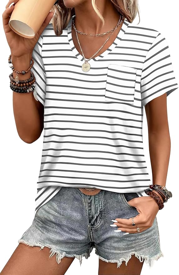 WIHOLL Women Summer T Shirts Short Sleeve Rounded V Neck Pocket Tee Tops