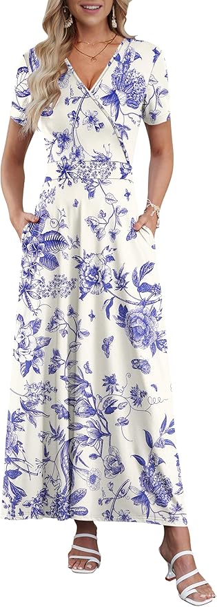 AUSELILY Maxi Dresses for Women Ankle Length Floral Print Beach Long Flowy Dress with Pockets