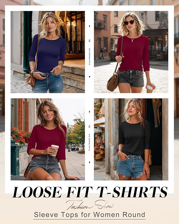 Ficerd 3 Pack 3/4 Sleeve Tops for Women Round Neck Dressy Basics Tees Casual Trendy Loose Fit T Shirts
