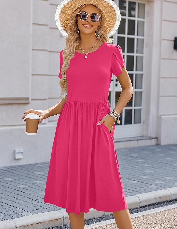 HOTOUCH Women's Summer A-Line Midi Dresses 2026 Casual Floral Short Sleeve T-Shirt Dress Flowy Beach Sundress with Pockets