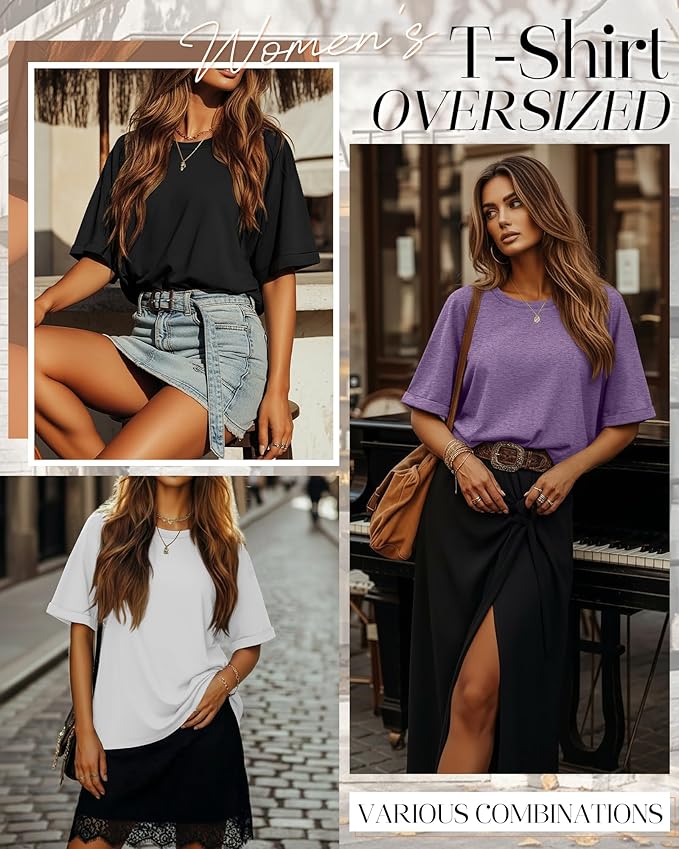 Riyiper 3 Pack Women's Oversized T-Shirt Half Sleeve Summer Tees Casual Loose Fit Crew Neck Basic Tops