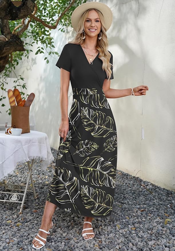 AUSELILY Maxi Dresses for Women Ankle Length Floral Print Beach Long Flowy Dress with Pockets