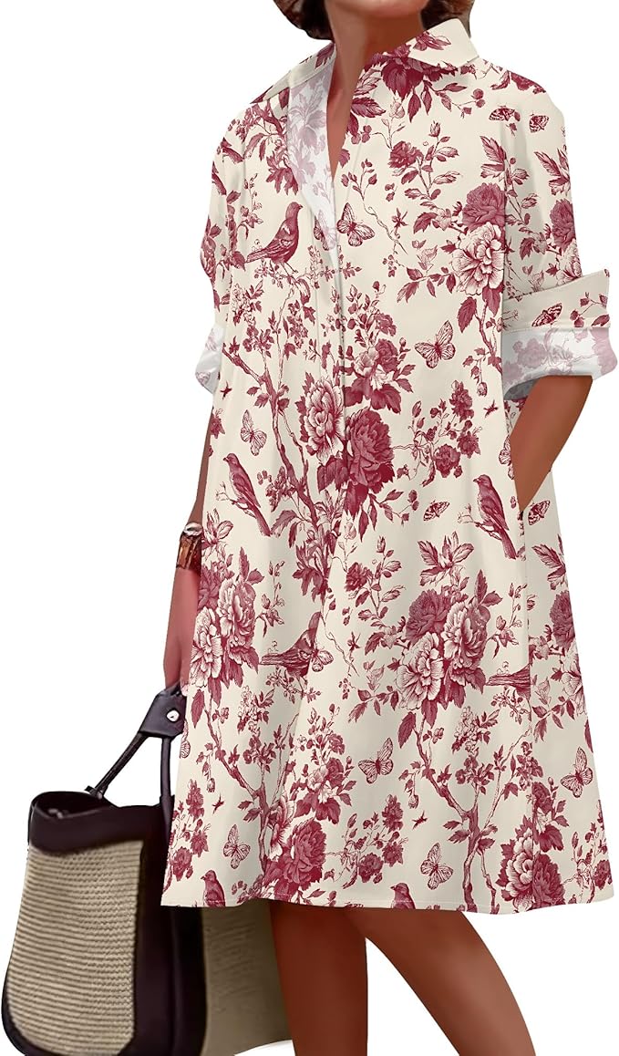 Shirt Dresses for Women 2025 Summer Long Sleeve Casual Plus Size Floral Printed Beach Vacation Dress with Pockets