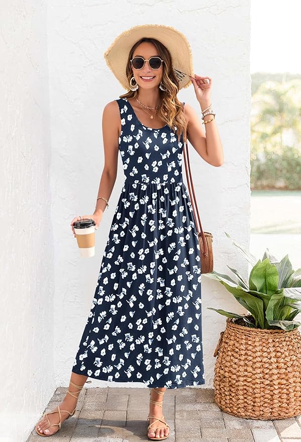 WNEEDU Women's Summer Maxi Dress 2026 Casual Sleeveless Hawaiian Sundress Tropical Long Dress Beach Vacation Outfit