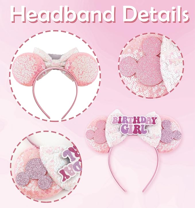 LIHELEI Mouse Ears Headband for Birthday Women, Princess Pink Headbands for Women, Sequin Bows Headwear Hair Accessories - Pink Birthday Headband