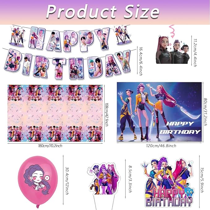 For K Pop Demon Hunters Party Supplies, 50 PCS Birthday Decorations Set Include Banner, Balloons,, Hanging Swirls, Cake Cupcake Toppers, Tablecloth for Boys Girls Hunters Theme Party