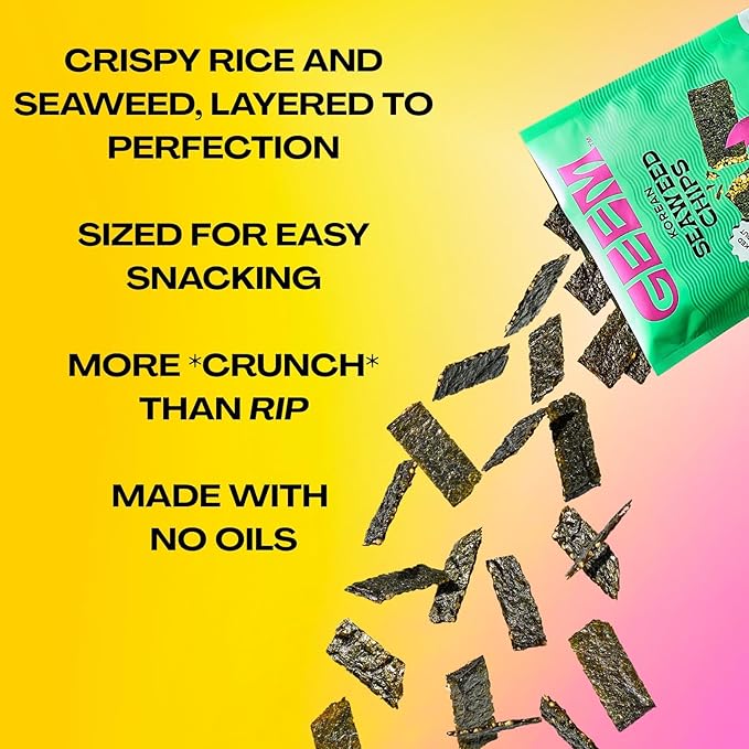 GEEM Seaweed Snacks – Korean Seaweed Chips with Rice Crisps & Sesame | Crunchy, Oil-Free Snack | Vegan, Non-GMO | Great for Kids & Adults | Spicy 4-Pack