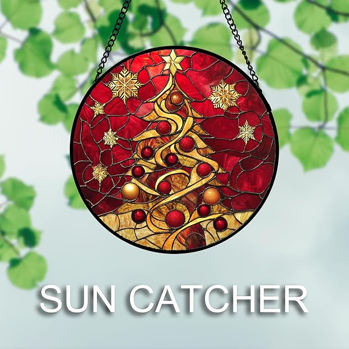 Stained Glass Window Hanging 4 Pcs Set Red Christmas Elk Snowflakes 6.3" - Deer Suncatcher Door Garden Sun Catcher Decor Birthday for Mom Woman Nana Men Friend