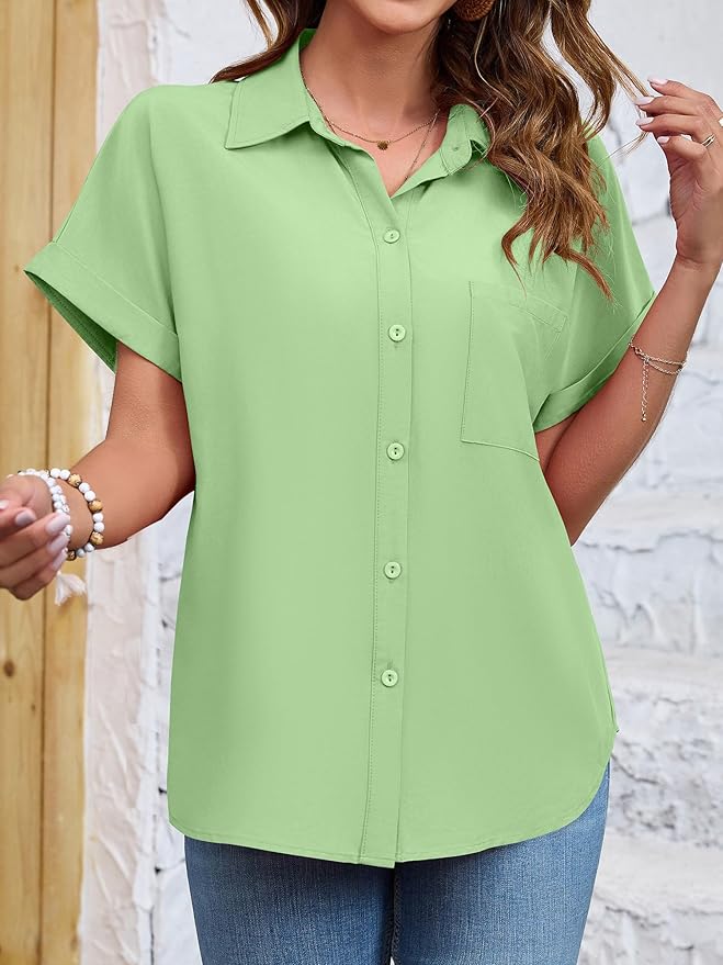 Womens Button Down Shirt Casual Short Sleeve Collared Work Blouse with Pocket