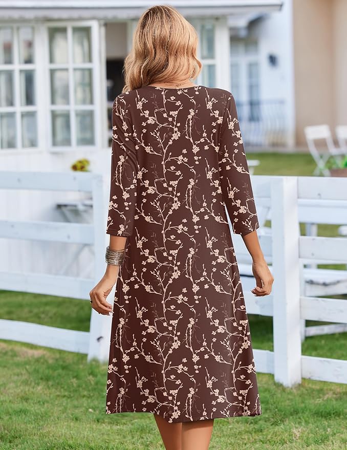 ZEAGOO 3/4 Sleeve Women's Dress Casual Flowy A-Line Midi Tshirt Dresses with Pocket Empire Waist Summer Boho Beach Sundress