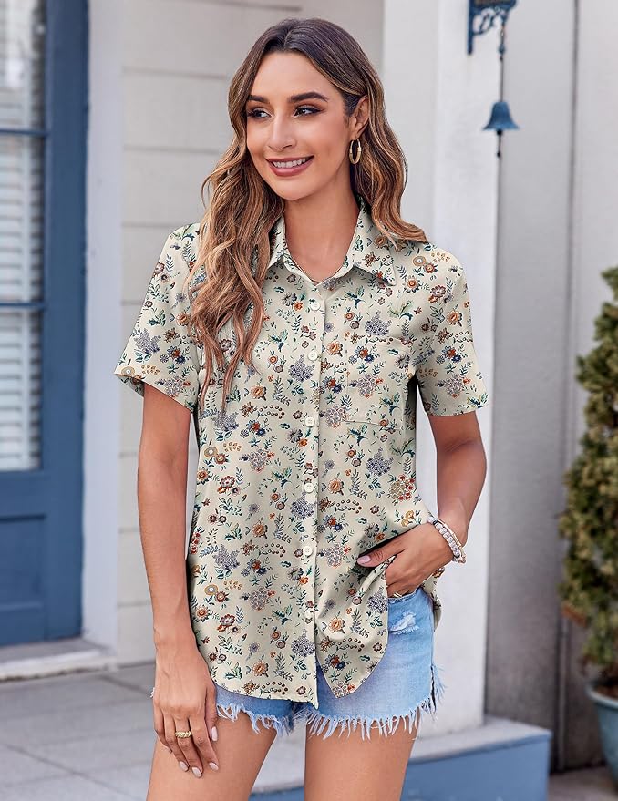Zeagoo Womens Button Down Shirt Bust Pocket Short Sleeve Blouses Business Casual Work Tops Summer Outfits