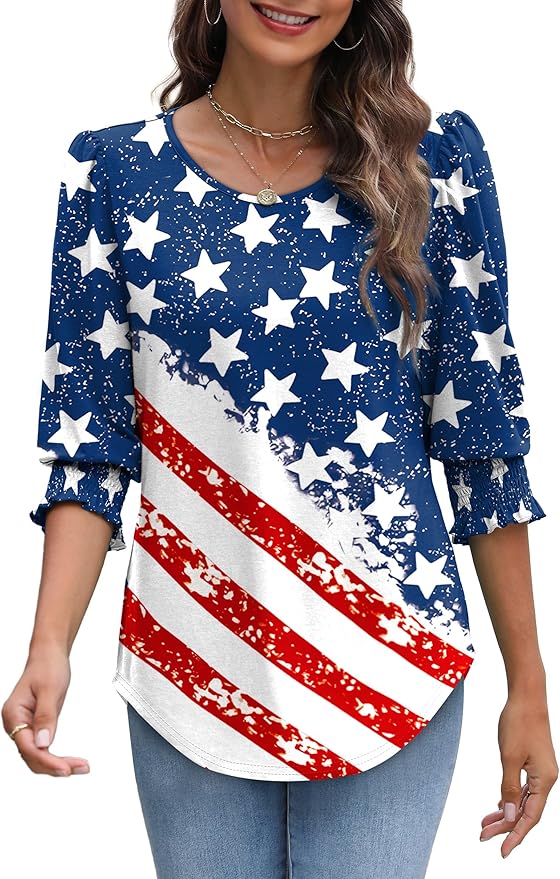 XIEERDUO Blouses for Women Dressy Casual 3/4 Length Sleeve Womens Tops with Smocked Cuffs