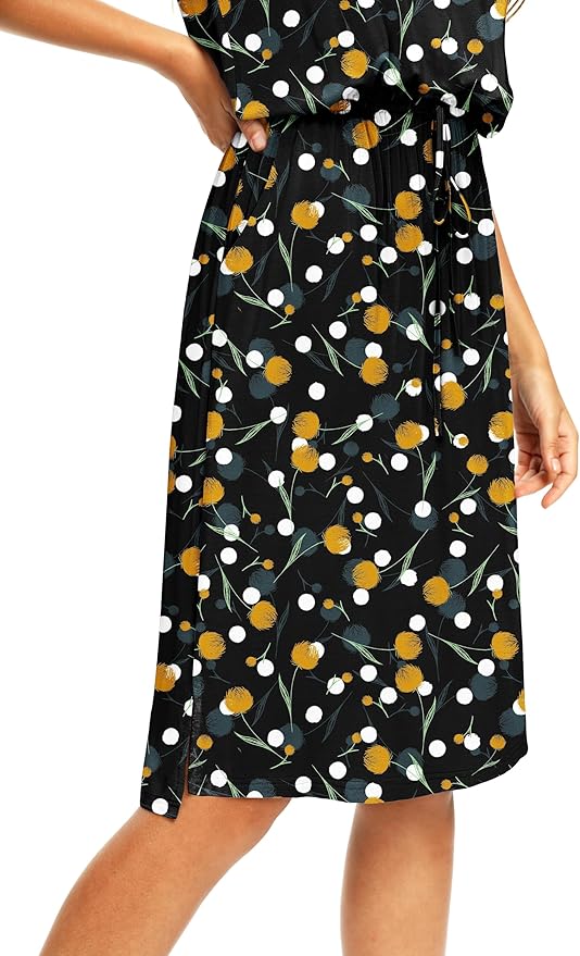 Simier Fariry Womens Spring Hide Belly Knee Length Travel Dress Pocket Summer Short Sleeve Midi Work Casual Outfits