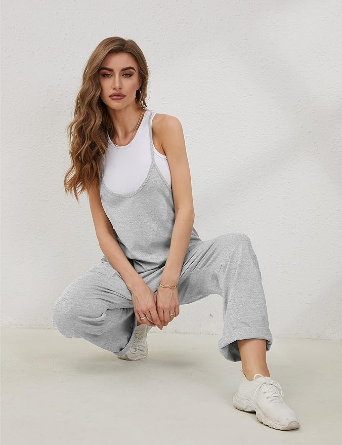 Lentta Women's Causal Jumpsuits V Neck Sleeveless Harem Overalls Stretchy Adjustable Strap Romper with Pockets