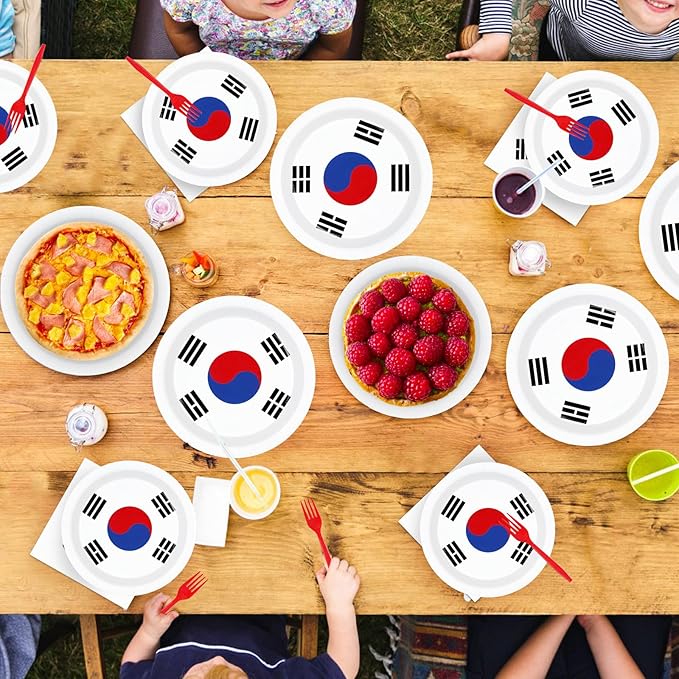 Greencian 96 Pcs South Korea Flag Themed Party Supplies Disposable South Korean Paper Plates and Napkins Korean National Flag Tableware Set for Country Decoration Party Supplies, Serves 24