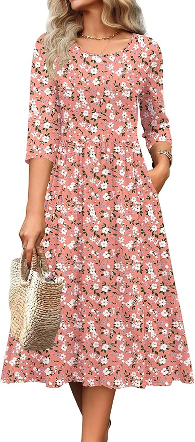Zeagoo 3/4 Sleeve Women's Dress Casual Flowy A-Line Midi Tshirt Dresses with Pockets Crewneck Vocation Boho Beach Sundress
