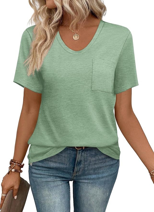 WIHOLL Women Summer T Shirts Short Sleeve Rounded V Neck Pocket Tee Tops