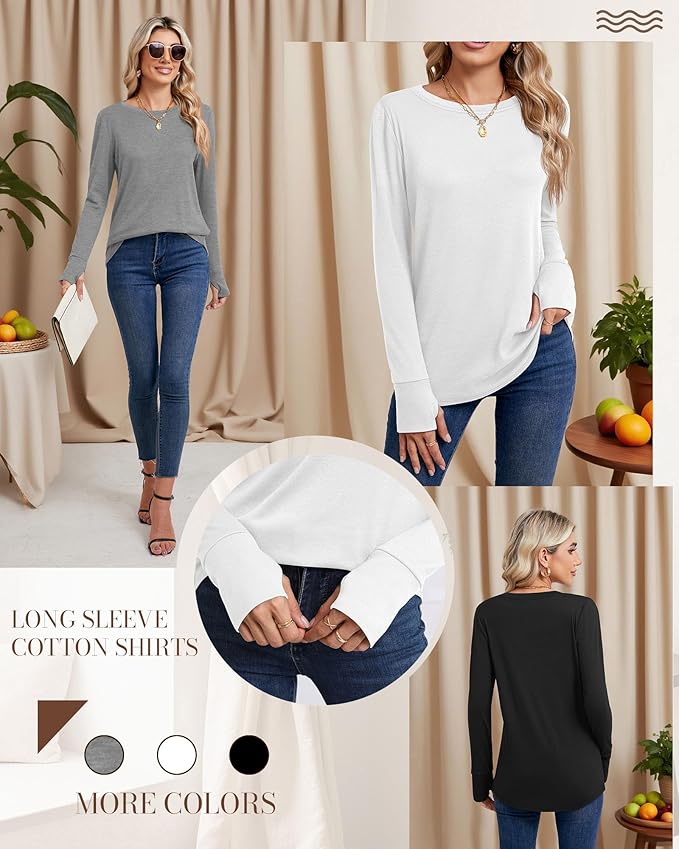 Huukeay 3 Pack Women's Long Sleeve Shirts with Thumb Holes, Cotton Casual Crew Neck Tunic Tops Fall Loose Y2k Trendy Outfits