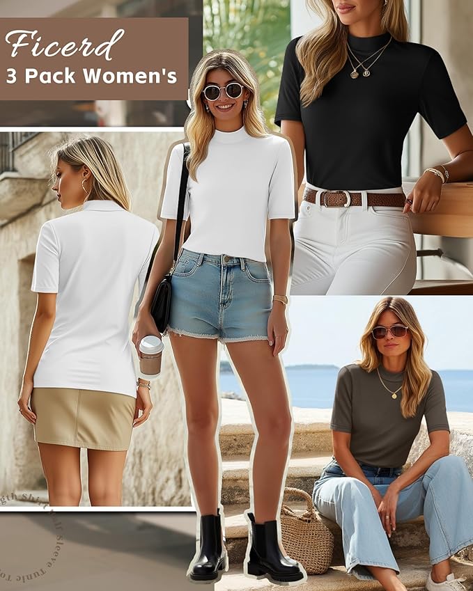 Ficerd 3 Pack Women's 1/2 Sleeve Mock Turtleneck Shirts, Elbow Length Shirt Half Sleeve Tunic Top Casual Summer Basic Tees
