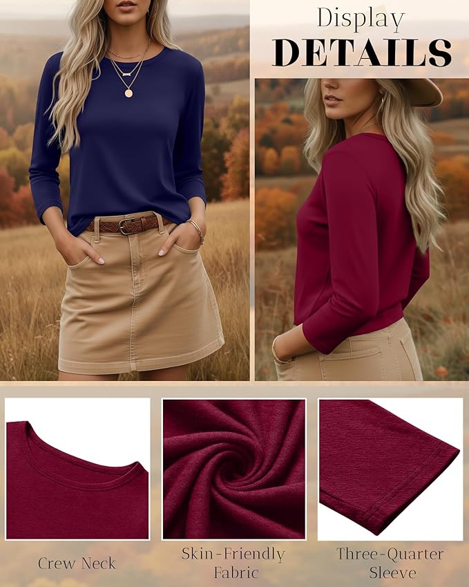 Ficerd 3 Pack 3/4 Sleeve Tops for Women Round Neck Dressy Basics Tees Casual Trendy Loose Fit T Shirts