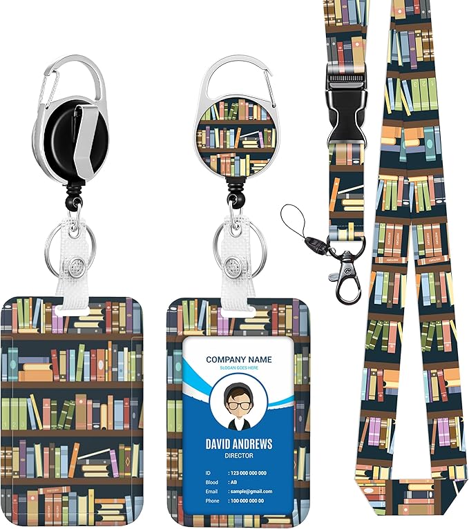 ID Badge Holder with Breakaway Book Lanyard and Retractable Badge Reel Clip,Bookshelves Full of Books Card Name Tag Lanyard Vertical ID Protector Badge Clips for Nurse Nursing Doctor Teacher
