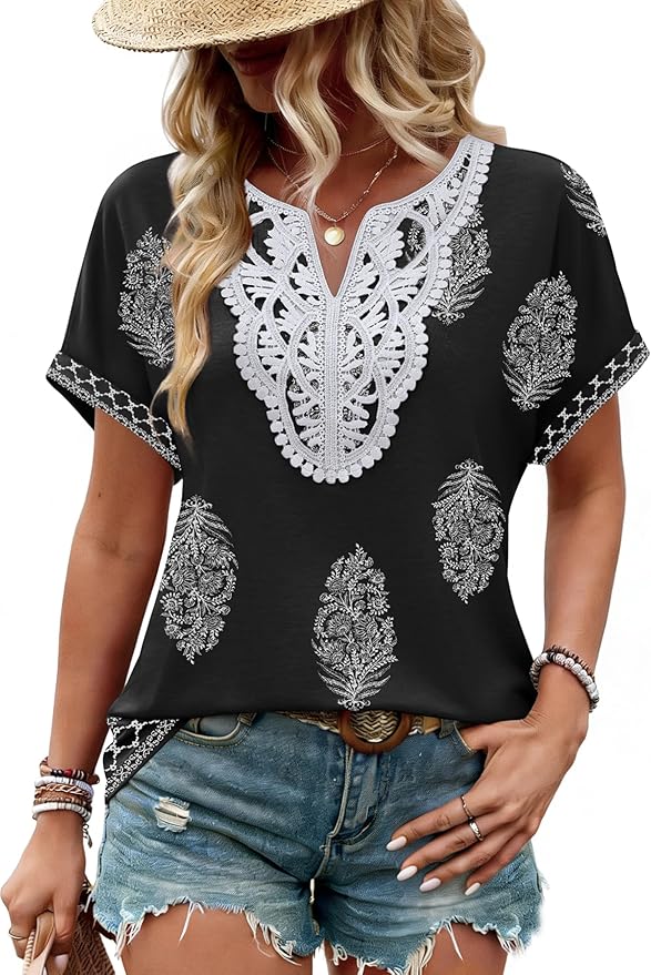 Sipaya Womens Blouses Dressy Casual Summer Shirts Short Sleeve Lace Front Boho Tunic Tops for Leggings Fashion Clothes